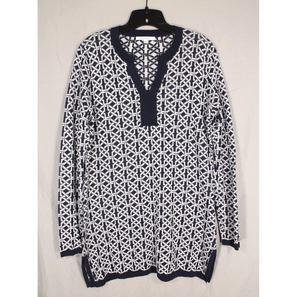 FOXCROFT Navy/White JACQUARD PATTERN V-Neck Sweater LATTICE SWEATER TUNIC TOP M